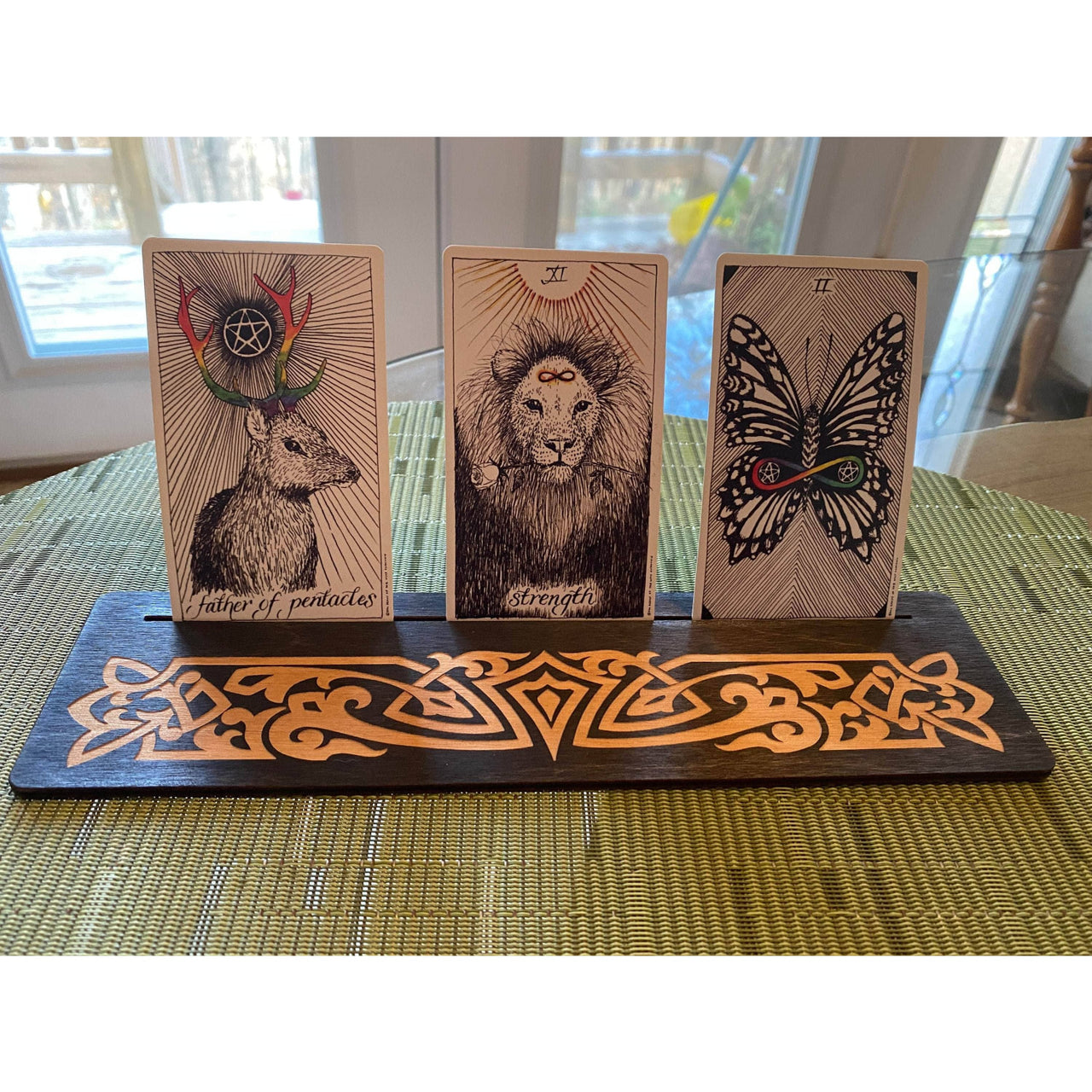 Celtic Tarot Card Holder LV9075 with wooden stand, Celtic knots, butterfly motif