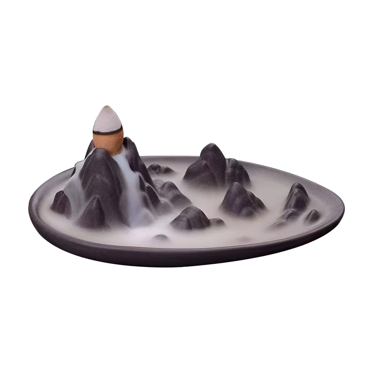 Black ceramic backflow incense burner shaped like misty mountain peaks LV9473