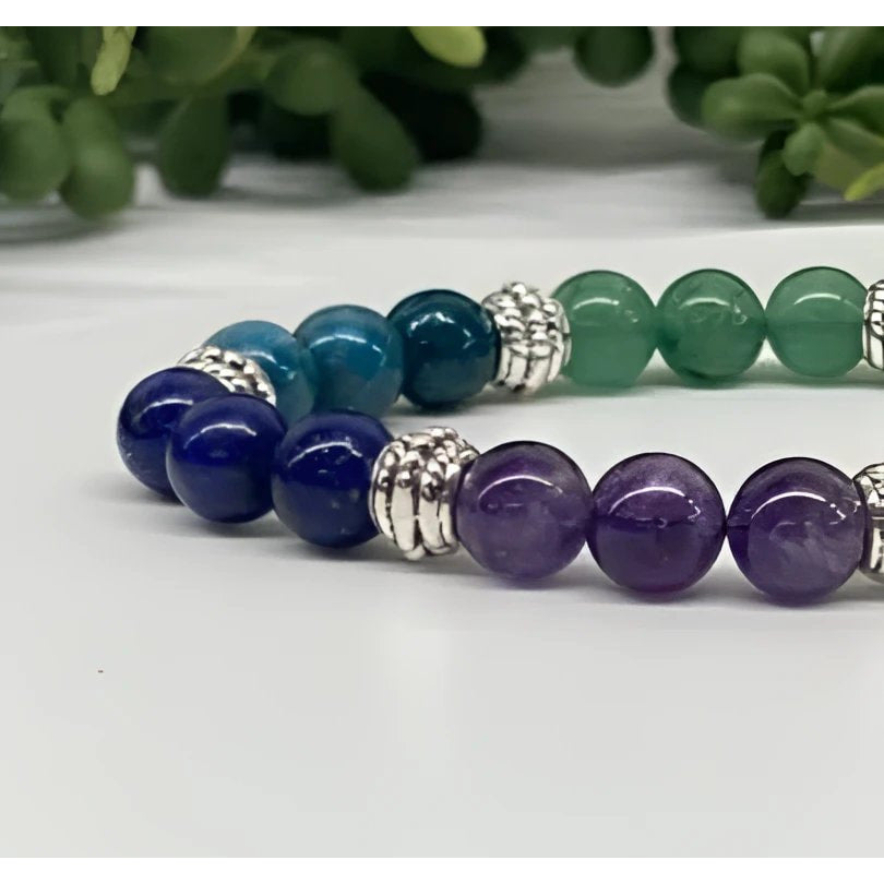 Colorful chakra semi-precious gemstone stretchable bracelet with beaded design and bliss crystals