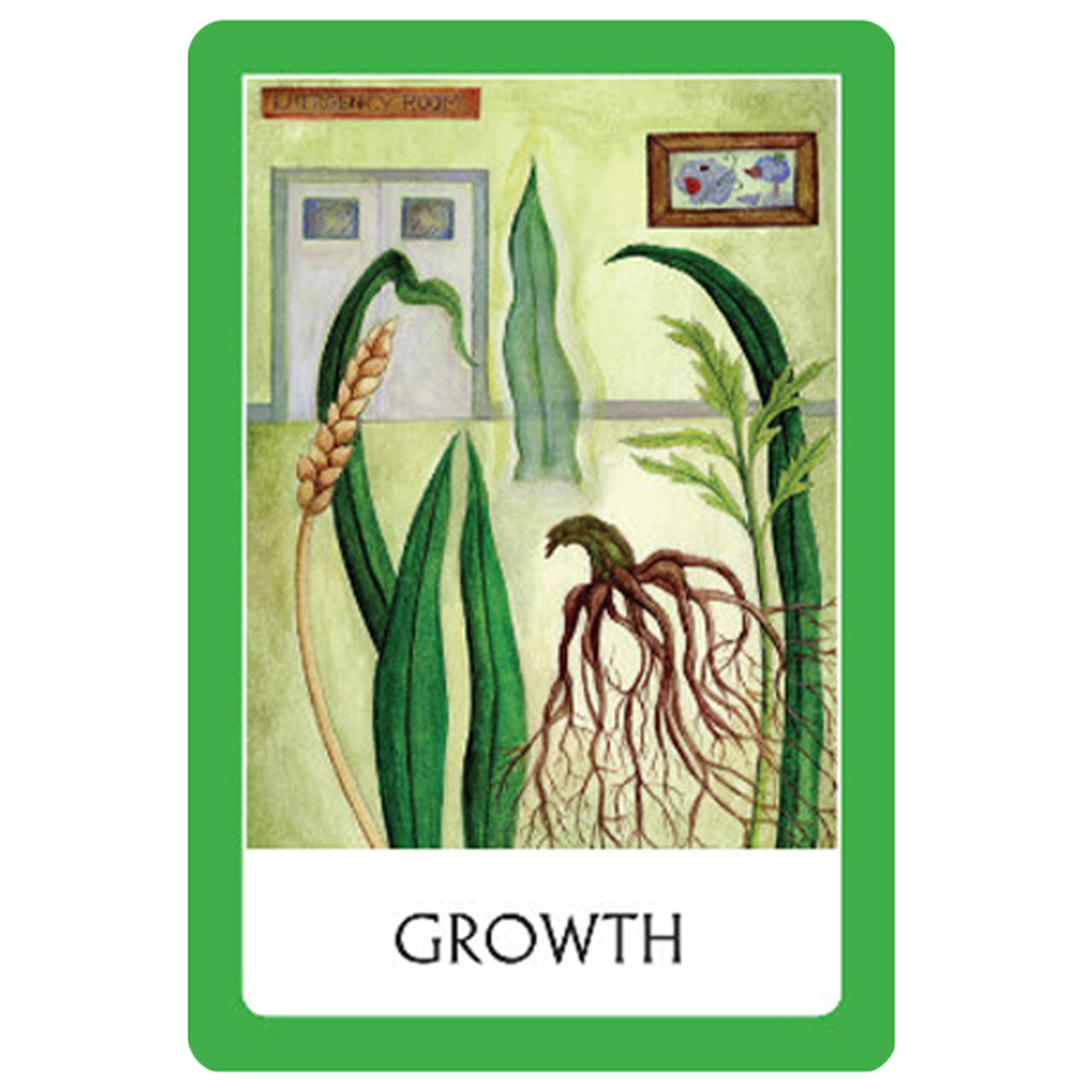 Green-bordered chakra wisdom oracle card with plant illustrations by Watkins Publishing