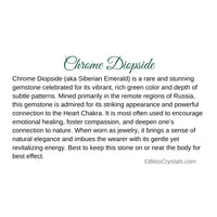 Chrome Diopside Crystal Information Card showcasing diopside crystal information and features