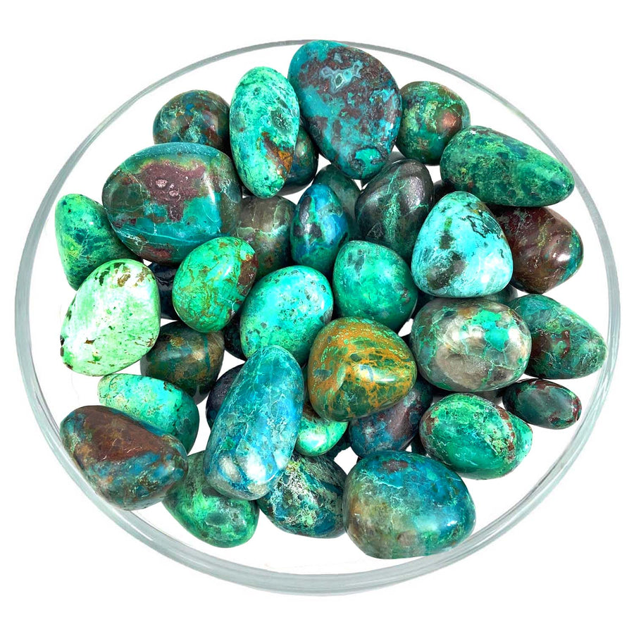 Polished Chrysocolla Tumbled Stones in blue-green tones arranged in a glass bowl
