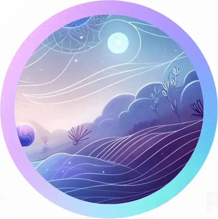 Circular illustration of a dreamy moonlit landscape with rolling hills and delicate plant silhouettes.