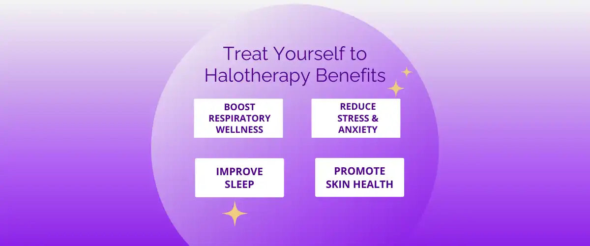 Circular purple infographic showing four halotherapy benefits: boost respiratory wellness, reduce stress & anxiety, improve sleep, and promote skin health.