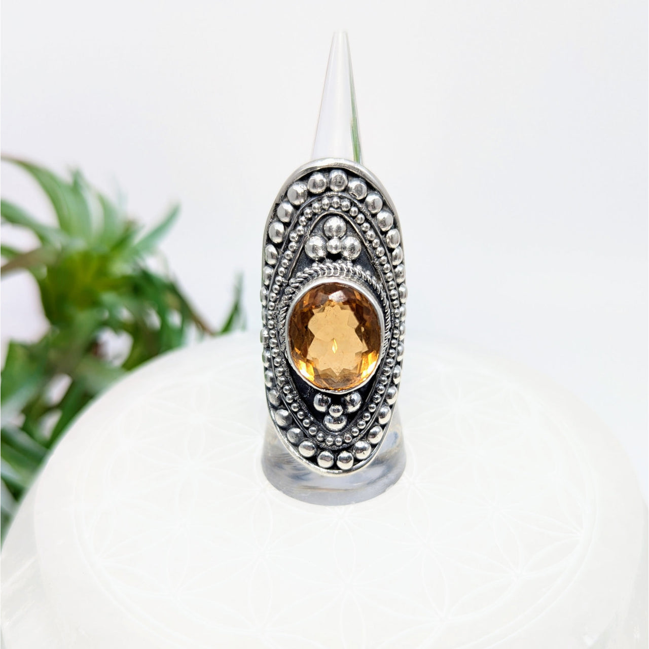 Silver ring with amber gemstone from Citrine Faceted Shield Ring #LV7913