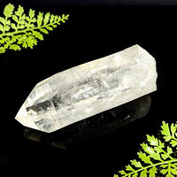 Clear quartz natural point 1 to 1.5 inch translucent crystal with pointed tip on a reflective black surface