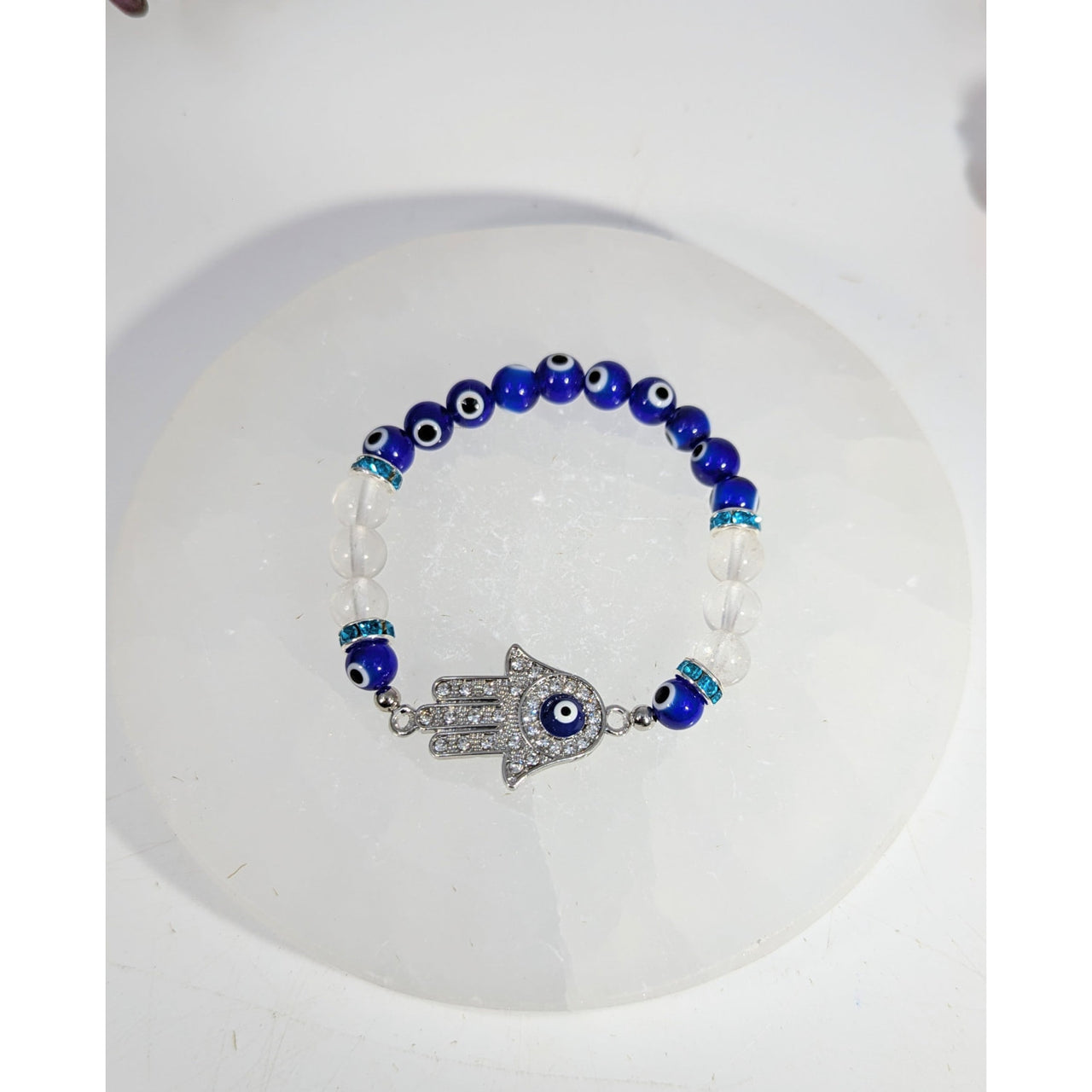 Clear quartz and evil eye beaded bracelet with hamsa charm, 8mm #BC0478