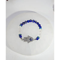 Clear quartz and evil eye beaded bracelet with hamsa charm, 8mm #BC0478