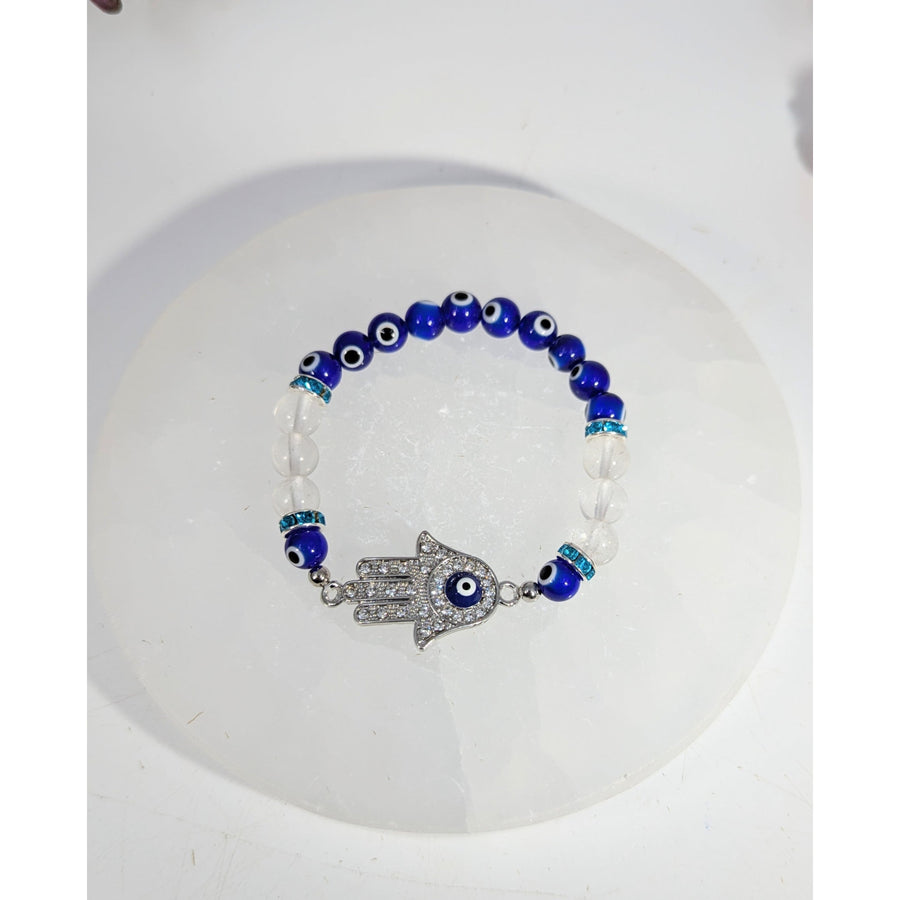 Clear quartz and evil eye beaded bracelet with hamsa charm, 8mm #BC0478