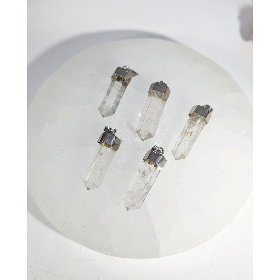 Clear quartz faceted 6 point pendant 1.5 inches with silver cap