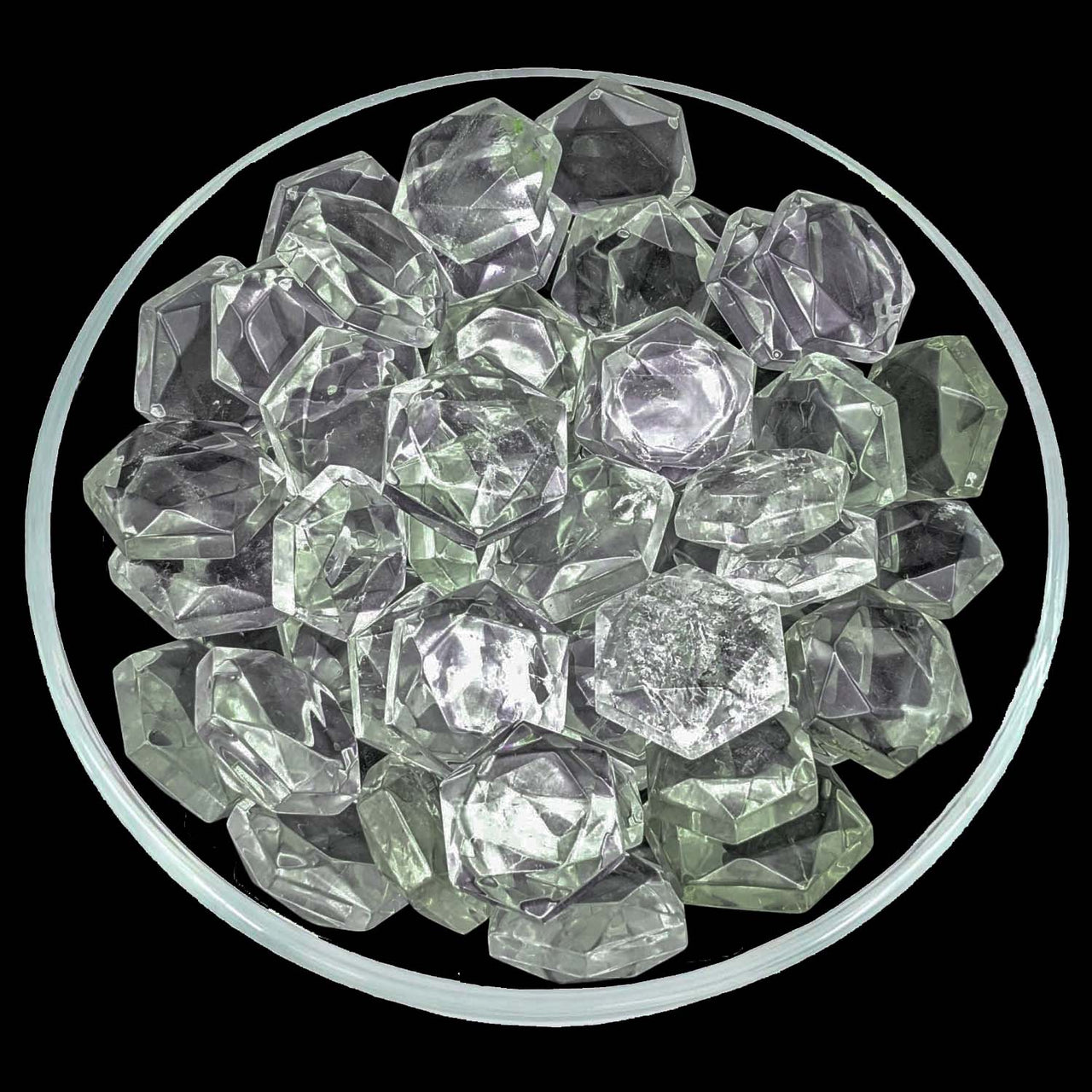 Clear and pale green ice cubes in a bowl showcasing Clear Quartz Gem Cut design