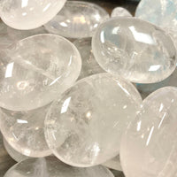 Clear Quartz Palm P036 featuring glassy translucent crystal spheres and tumbled stones