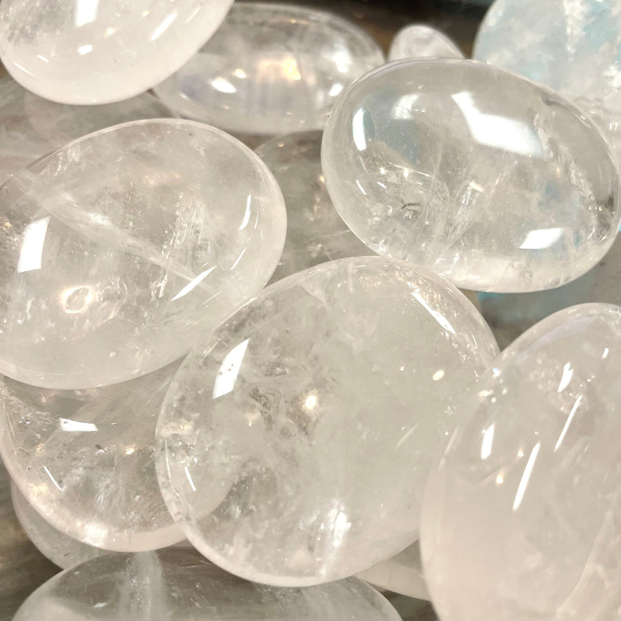 Clear Quartz Palm P036 featuring glassy translucent crystal spheres and tumbled stones