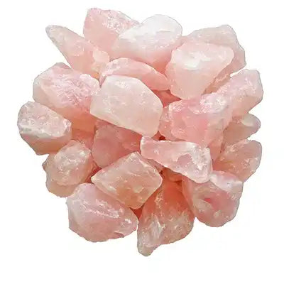 Cluster of raw pink rose quartz crystals.