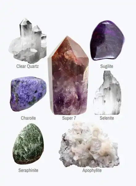 Collection of different crystals and minerals including quartz, selenite, sugilite, and apophyllite.