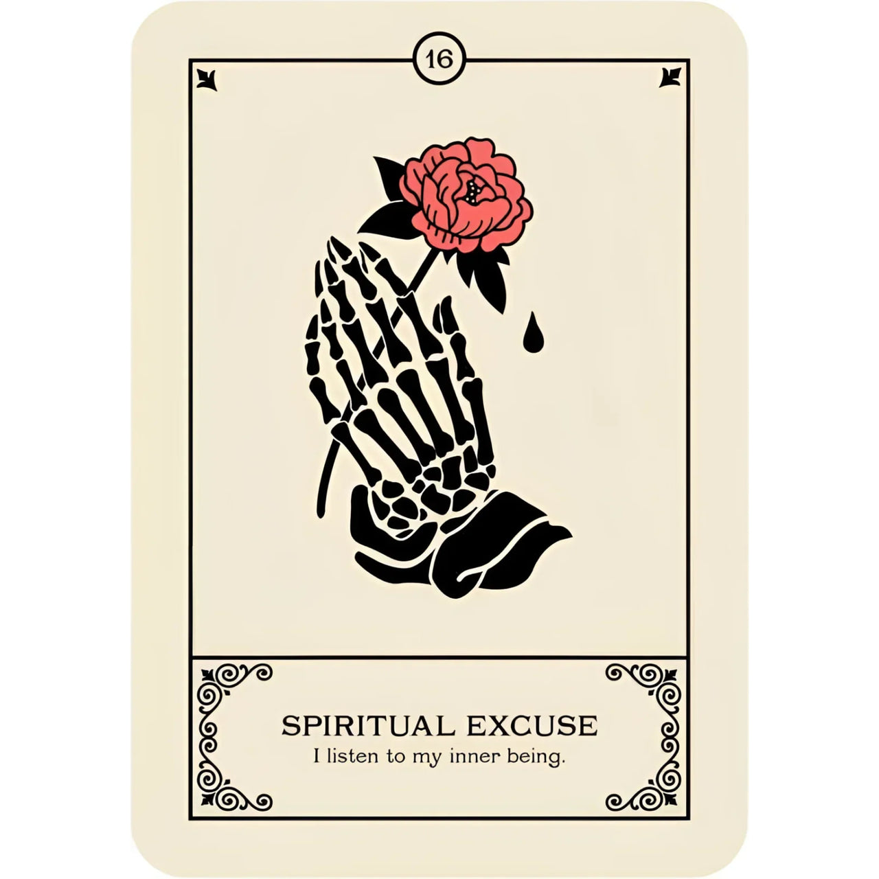 Tarot card with skeleton hands holding a rose from Cries of the Souls Oracle by Isabelle Cerf