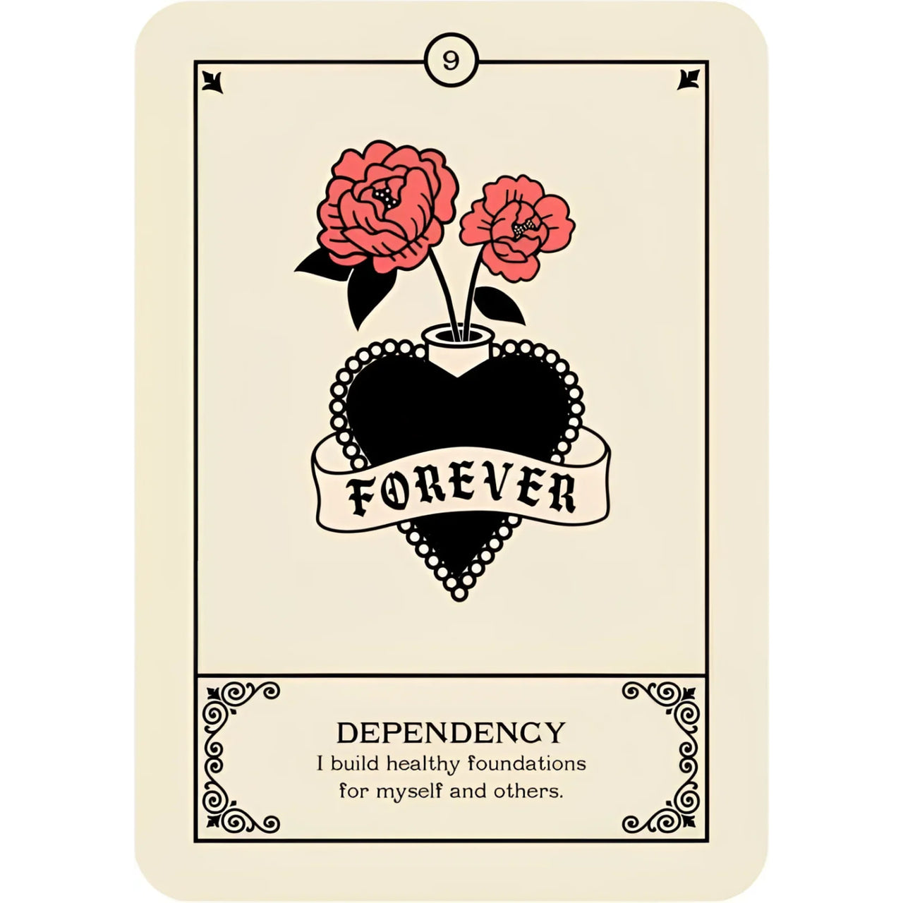 Tattoo-style card with heart flowers and Forever banner from Cries of the Souls Oracle