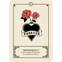 Tattoo-style card with heart flowers and Forever banner from Cries of the Souls Oracle
