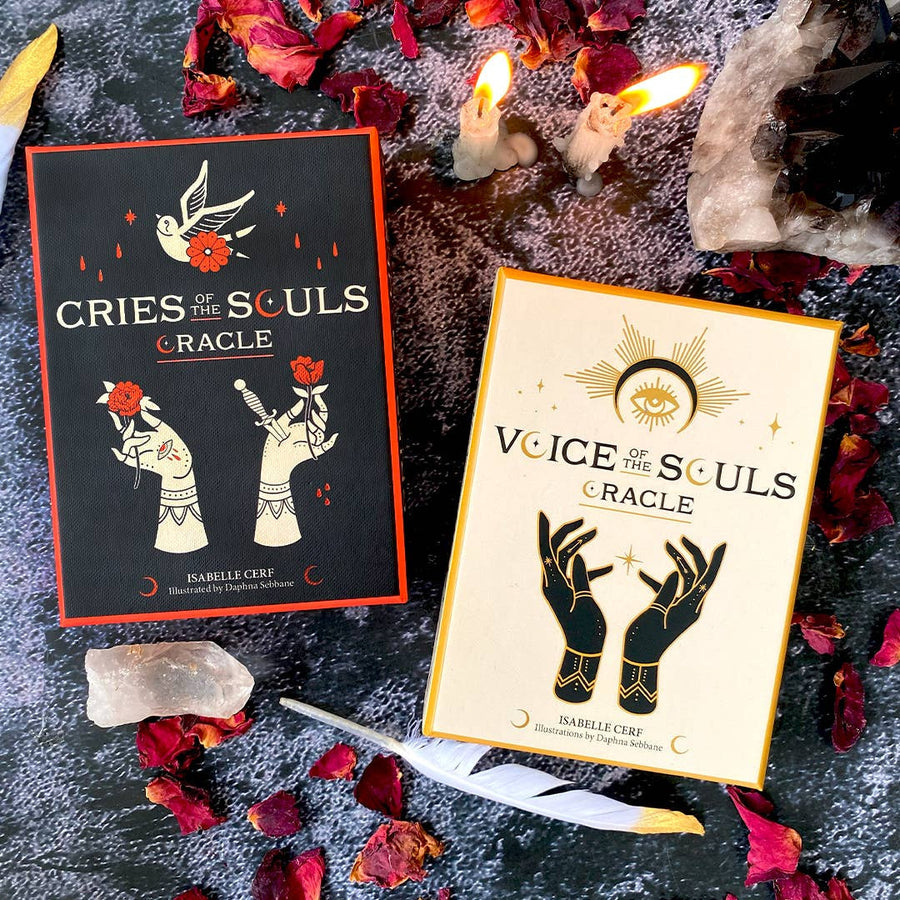 Two oracle card decks displayed in Cries of the Souls Oracle by Isabelle Cerf