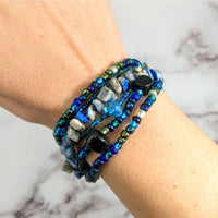 Crystal Beaded 6 Strand Bracelet with green aventurine and clear quartz, magnet clasp #LV1779
