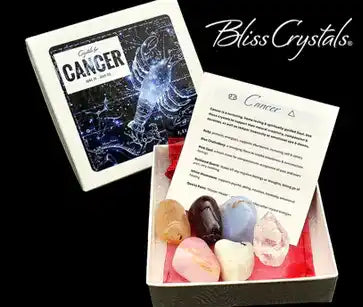 Crystal gift set featuring the Cancer zodiac sign with assorted healing stones in a presentation box.