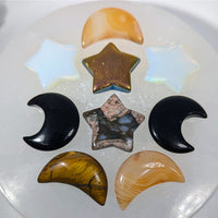 Polished moon and star stones in black, amber, gold, blue opal, brown marble. #C039