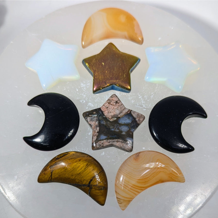 Polished moon and star stones in black, amber, gold, blue opal, brown marble. #C039