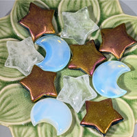Iridescent bronze star and moon beads in clear quartz or blue opal, Crystal Moon or Star #C039
