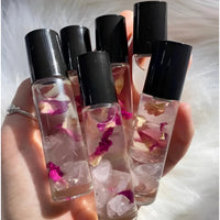 Crystal Perfume 10ml Roller #Q217 with pink purple rose petals and quartz crystals