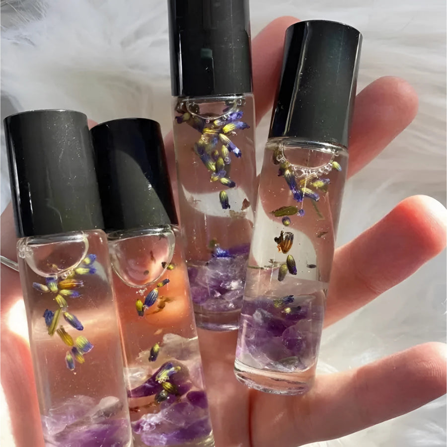 Four 10ml Crystal Perfume Rollers with lavender and amethyst