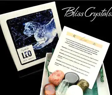 Crystal set with zodiac Leo packaging and an information card alongside various healing stones.