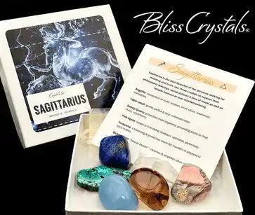 Crystal set with zodiac-themed Sagittarius packaging and an informational card about the stones.