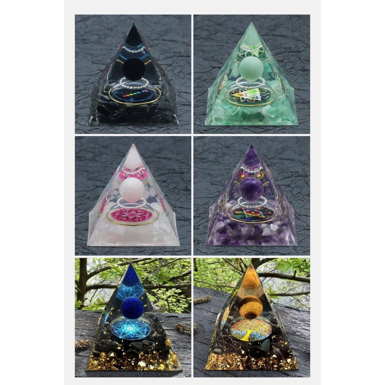 Colorful Crystal Orgone Pyramids in a Crystal Sphere Orgonite 6cm You Choose #LV7395