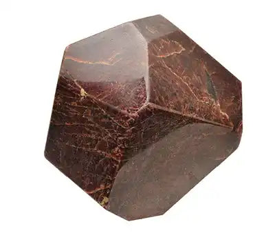 Dark brown polished garnet crystal with natural geometric facets and reddish veining.