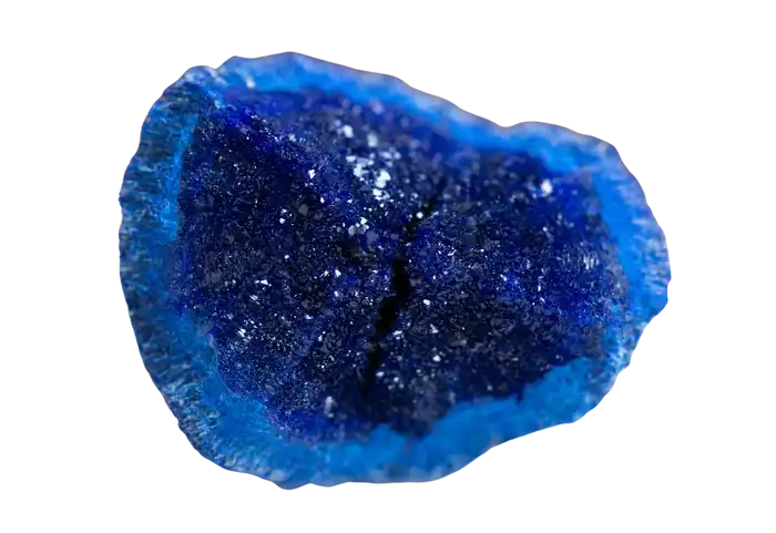 Deep blue geode slice with sparkling crystalline interior.