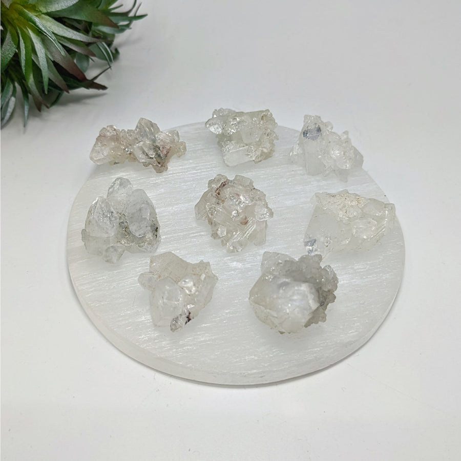 Clear crystal geodes on a selenite plate with Diamond Apophyllite Cluster R122