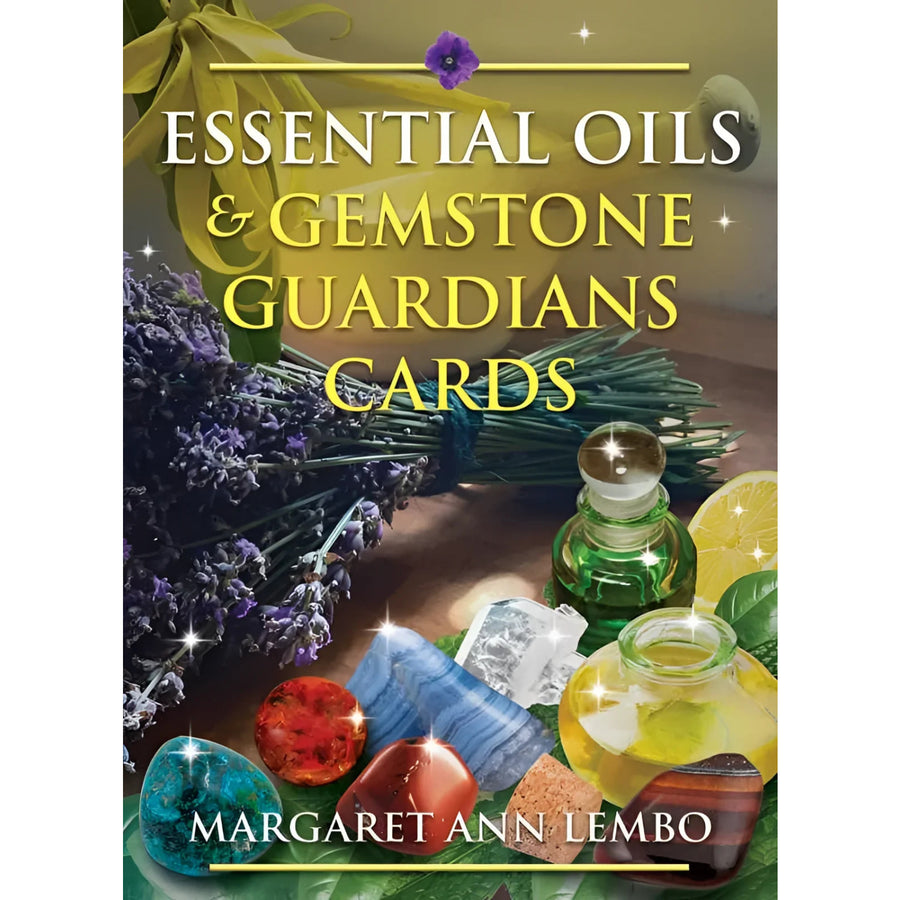 Essential oils and gemstone guardian cards by Margaret Ann Lembo displayed together