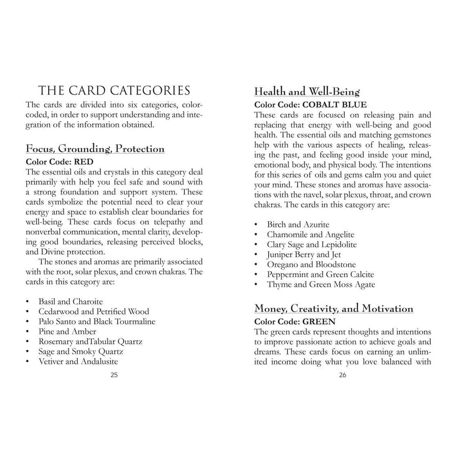 Pages describing card categories from Essential Oils and Gemstone Guardians Cards by Margaret Ann Lembo