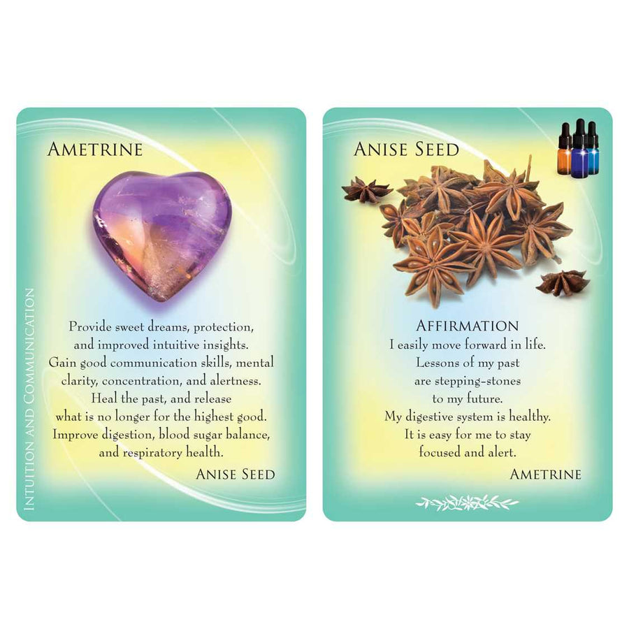 Two oracle healing property cards from Essential Oils and Gemstone Guardians by Margaret Ann Lembo