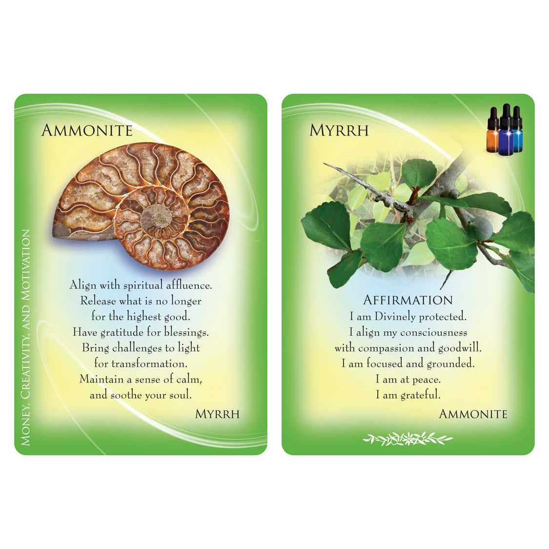Two oracle cards from Essential Oils and Gemstone Guardians Cards by Margaret Ann Lembo
