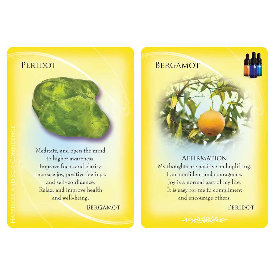 Two oracle cards with positive affirmations from Essential Oils and Gemstone Guardians Cards by Margaret Ann Lembo