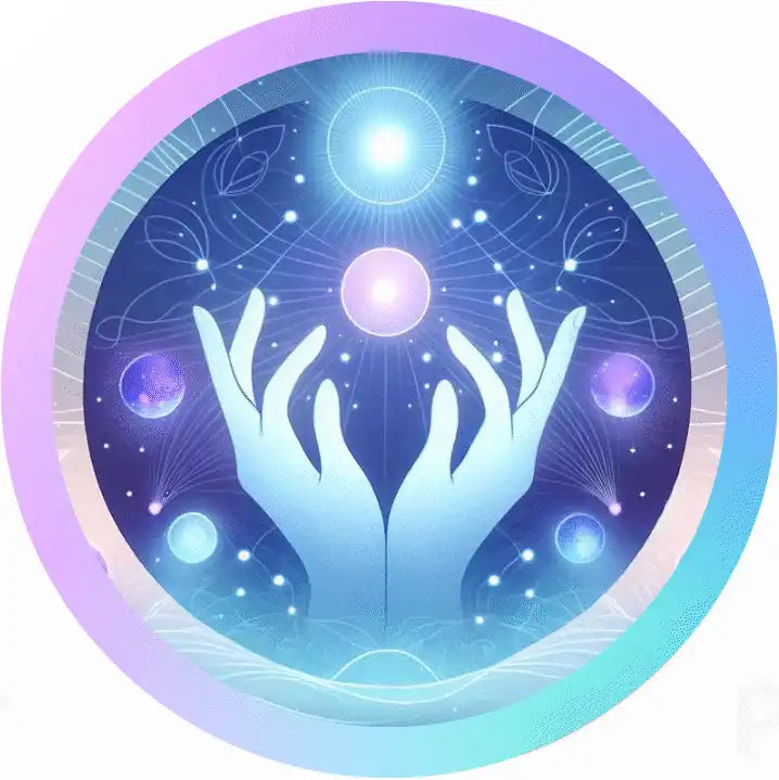 Ethereal blue hands reaching upward toward glowing celestial orbs and stars.