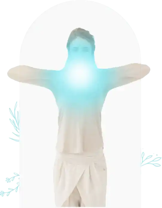 Glowing ethereal figure with outstretched arms in white clothing.
