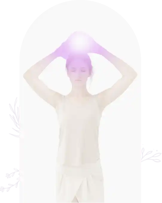 Ethereal figure in white clothing with a glowing purple head reaching upward.