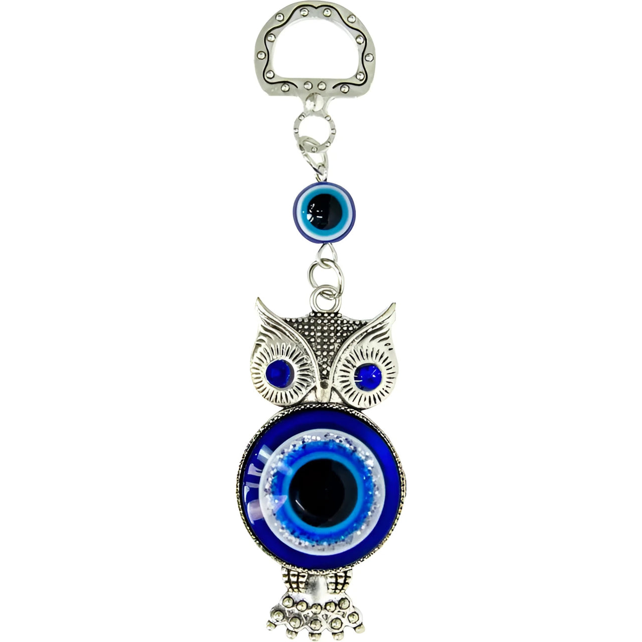 Silver owl evil eye keychain ornament Q198 with blue eyes