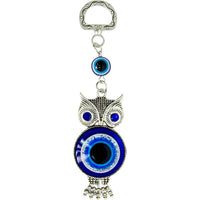 Silver owl evil eye keychain ornament Q198 with blue eyes