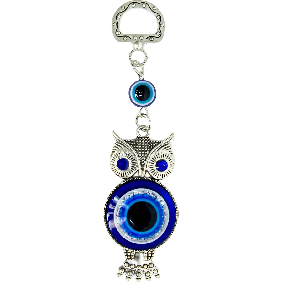 Silver owl evil eye keychain ornament Q198 with blue eyes