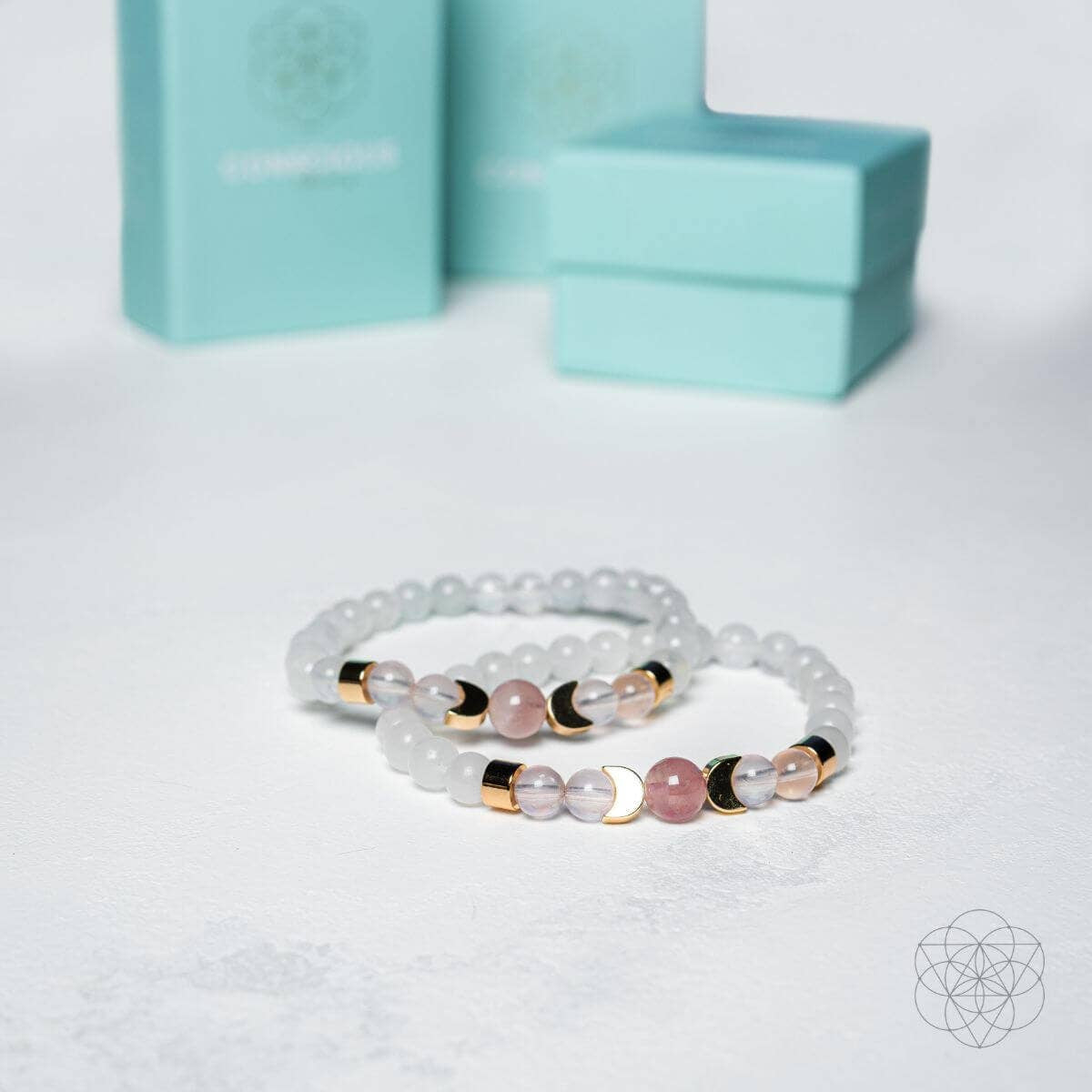White Fertility Bracelet with Rose Quartz, Moonstone, Beads, Gold Accents