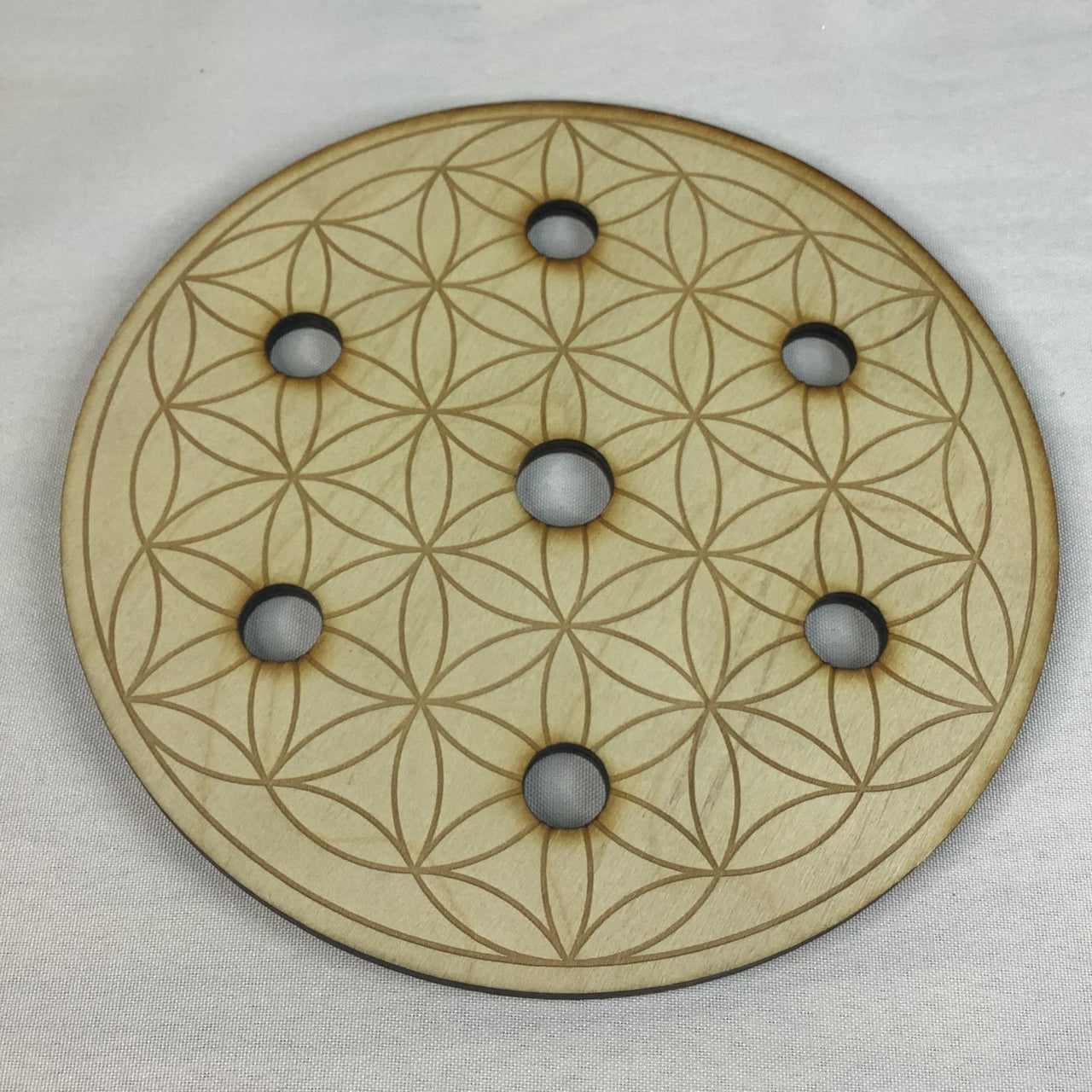 Wooden button with flower design on Flower of Life Crystal Grid with 7 holes #K0497