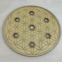 Wooden button with flower design on Flower of Life Crystal Grid with 7 holes #K0497